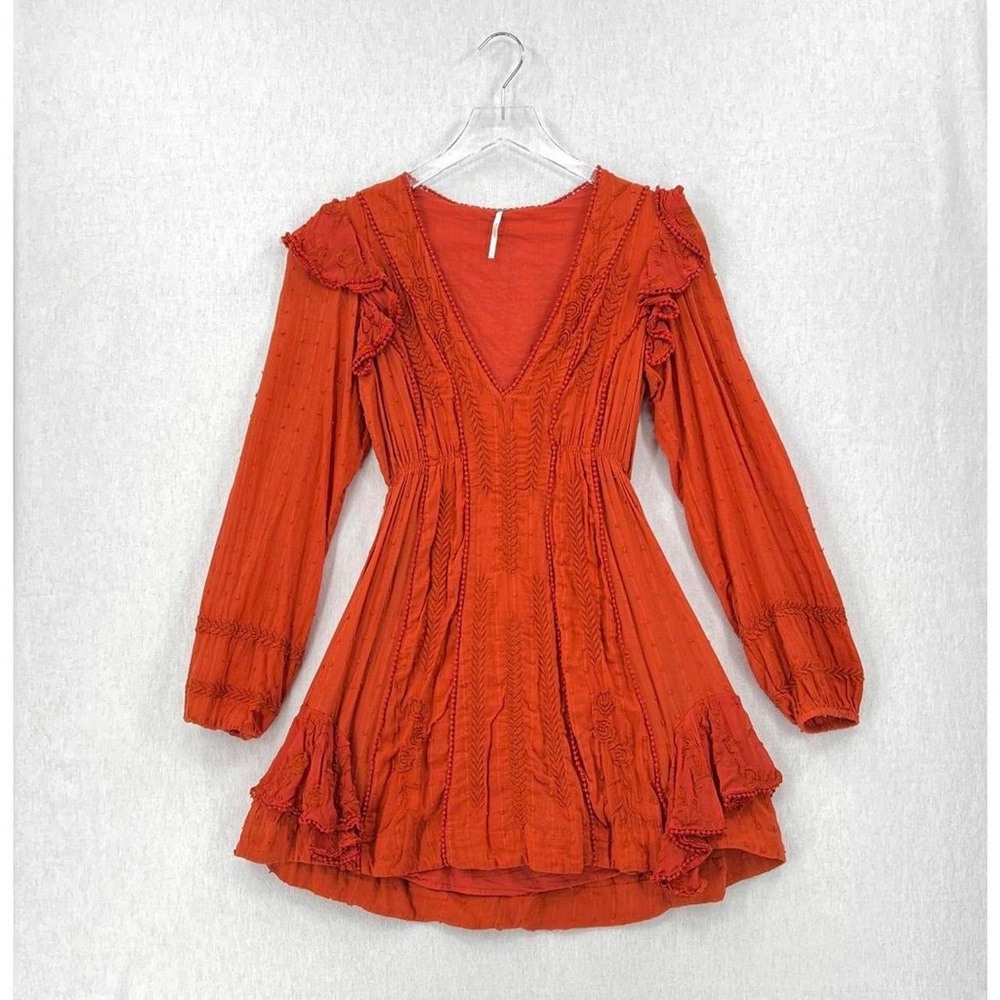 Free People Burnt Orange V-Neck Ruffle Tunic Dress
